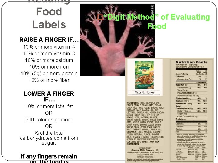 Reading Food Labels RAISE A FINGER IF… 10% or more vitamin A 10% or