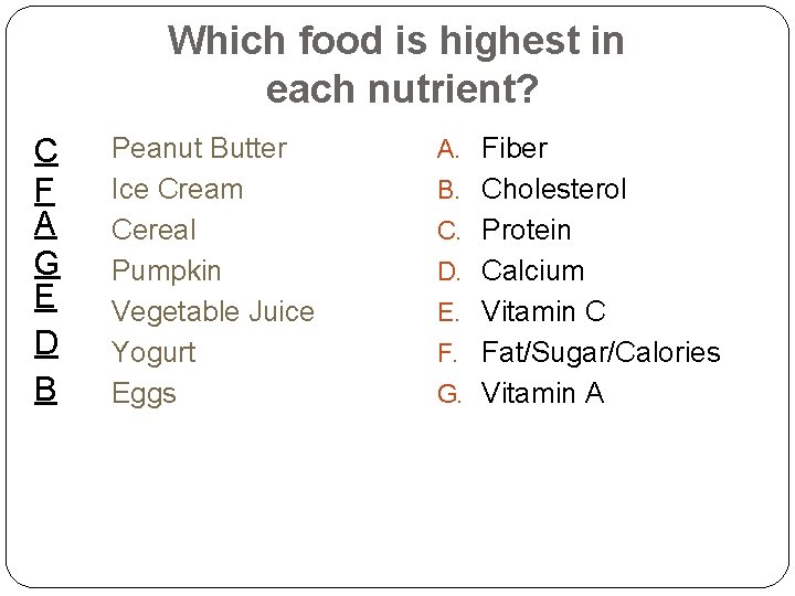 Which food is highest in each nutrient? C F A G E D B