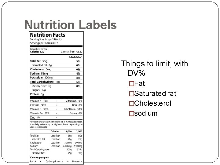 Nutrition Labels Things to limit, with DV% �Fat �Saturated fat �Cholesterol �sodium 