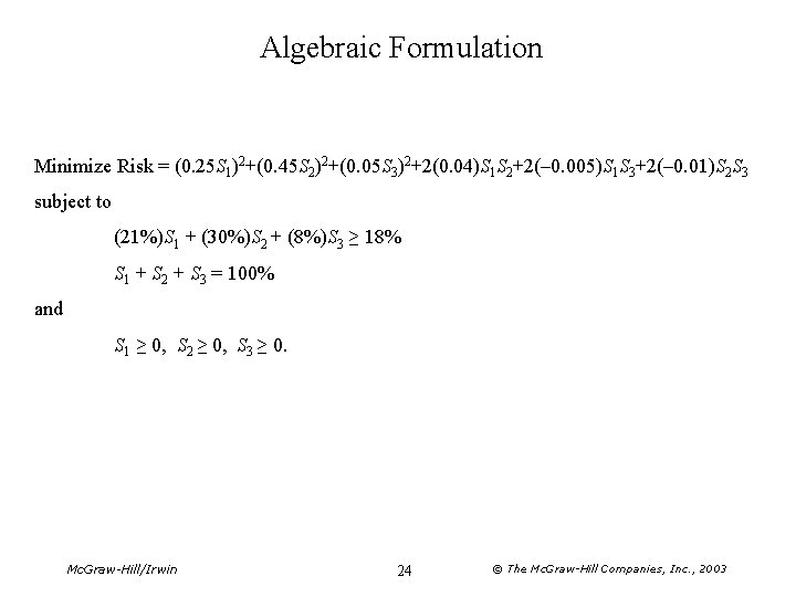 Algebraic Formulation Minimize Risk = (0. 25 S 1)2+(0. 45 S 2)2+(0. 05 S