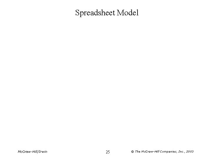 Spreadsheet Model Mc. Graw-Hill/Irwin 25 © The Mc. Graw-Hill Companies, Inc. , 2003 Spreadsheet Model Mc. Graw-Hill/Irwin 25 © The Mc. Graw-Hill Companies, Inc. , 2003