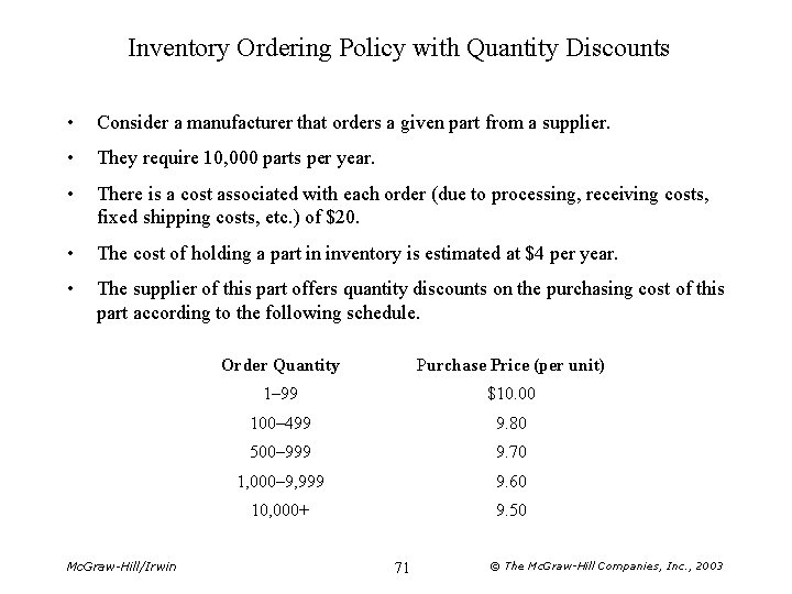 Inventory Ordering Policy with Quantity Discounts • Consider a manufacturer that orders a given