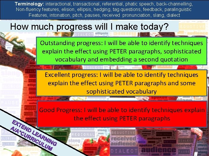 Terminology: interactional, transactional, referential, phatic speech, back-channelling, Non-fluency features, elision, ellipsis, hedging, tag questions,