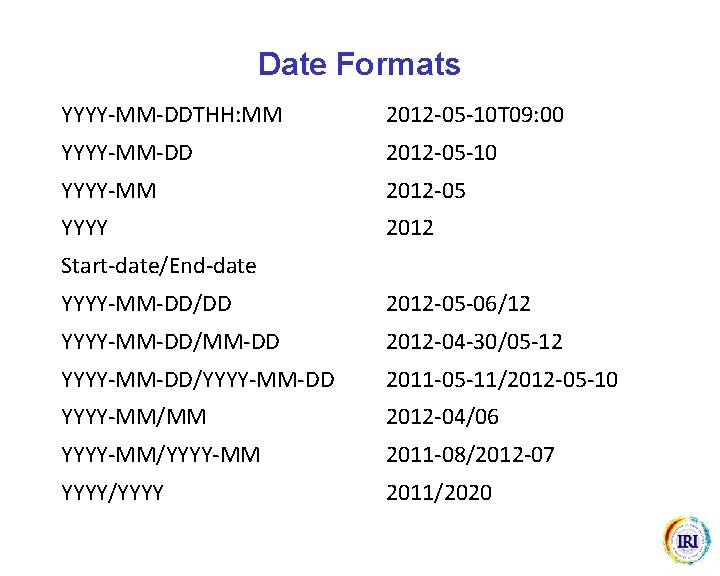 Date Formats YYYY-MM-DDTHH: MM 2012 -05 -10 T 09: 00 YYYY-MM-DD 2012 -05 -10 Date Formats YYYY-MM-DDTHH: MM 2012 -05 -10 T 09: 00 YYYY-MM-DD 2012 -05 -10