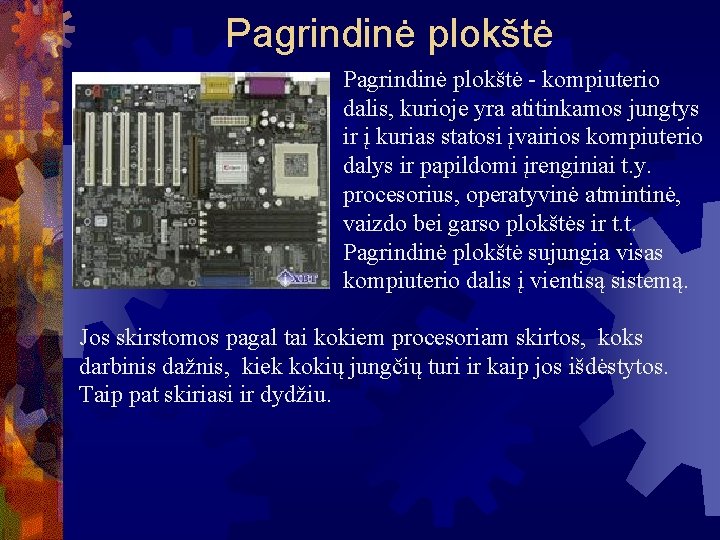 Pagrindinė plokštė - kompiuterio dalis, kurioje yra atitinkamos jungtys ir į kurias statosi įvairios