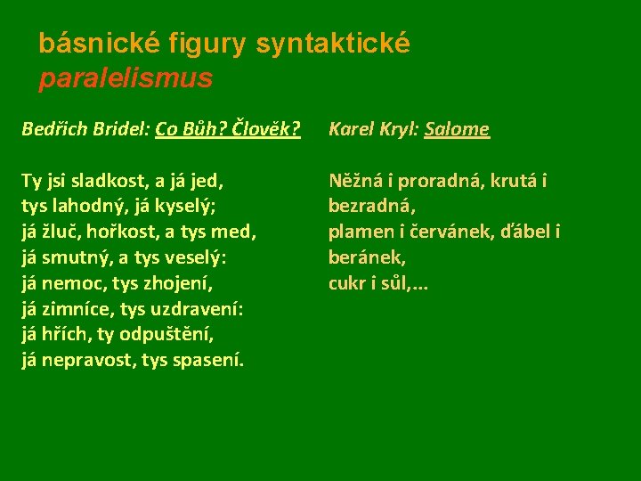 básnické figury syntaktické paralelismus Bedřich Bridel: Co Bůh? Člověk? Karel Kryl: Salome Ty jsi