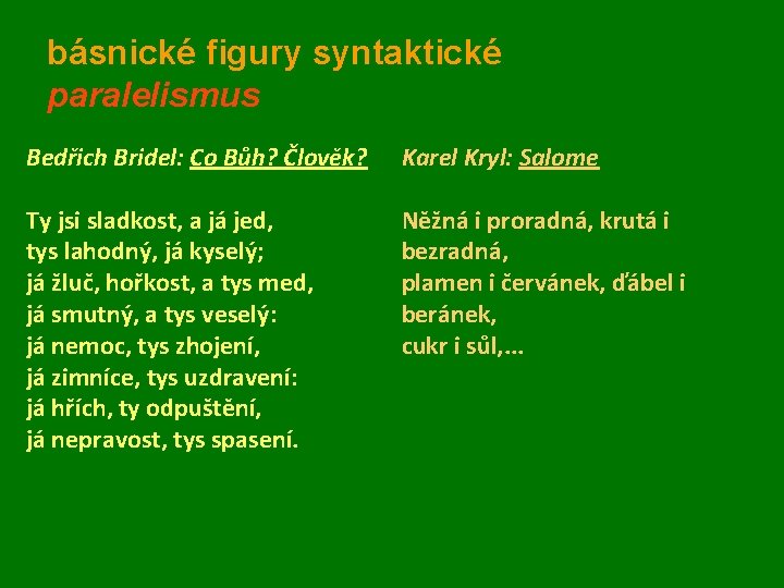 básnické figury syntaktické paralelismus Bedřich Bridel: Co Bůh? Člověk? Karel Kryl: Salome Ty jsi básnické figury syntaktické paralelismus Bedřich Bridel: Co Bůh? Člověk? Karel Kryl: Salome Ty jsi