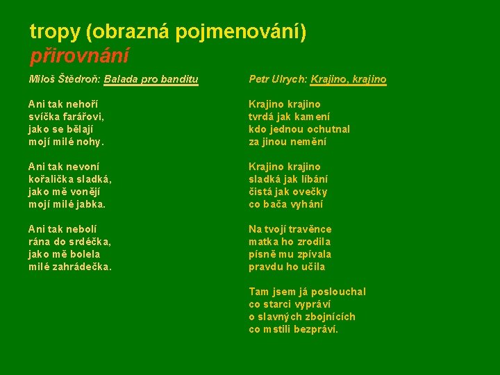 tropy (obrazná pojmenování) přirovnání Miloš Štědroň: Balada pro banditu Petr Ulrych: Krajino, krajino Ani tropy (obrazná pojmenování) přirovnání Miloš Štědroň: Balada pro banditu Petr Ulrych: Krajino, krajino Ani