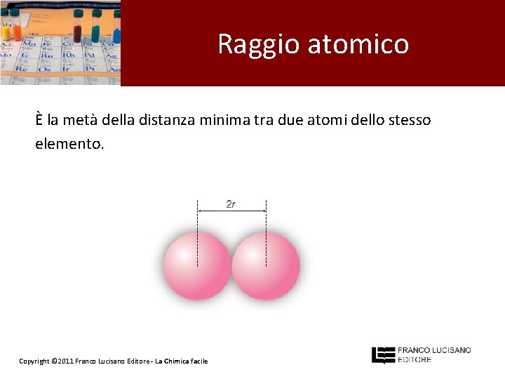 Raggio atomico È la metà della distanza minima tra due atomi dello stesso elemento.