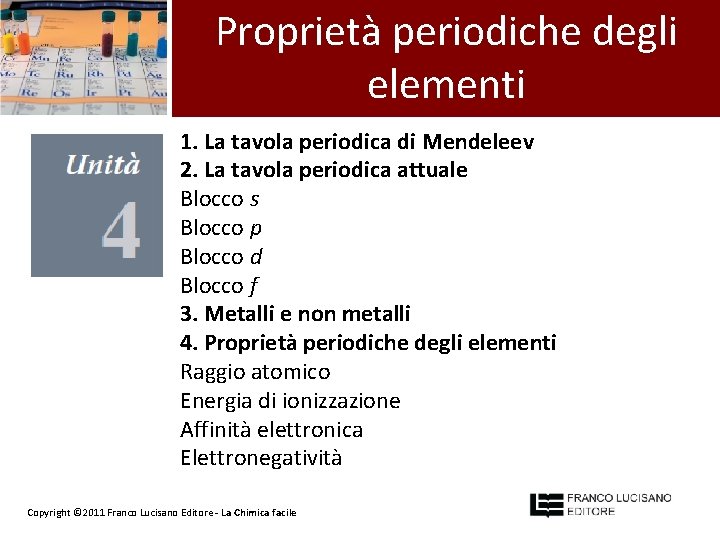 Proprietà periodiche degli elementi 1. La tavola periodica di Mendeleev 2. La tavola periodica