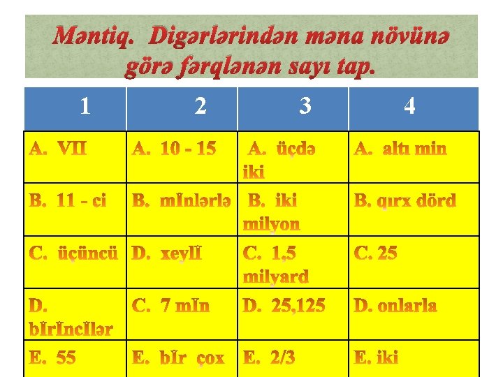 Məntiq. Digərlərindən məna növünə görə fərqlənən sayı tap. 1 2 3 4 