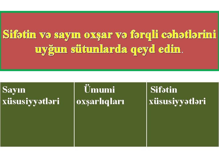 Sifətin və sayın oxşar və fərqli cəhətlərini uyğun sütunlarda qeyd edin Sayın xüsusiyyətləri Ümumi Sifətin və sayın oxşar və fərqli cəhətlərini uyğun sütunlarda qeyd edin Sayın xüsusiyyətləri Ümumi
