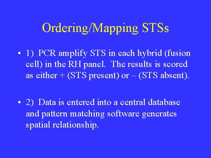 Ordering/Mapping STSs • 1) PCR amplify STS in each hybrid (fusion cell) in the Ordering/Mapping STSs • 1) PCR amplify STS in each hybrid (fusion cell) in the