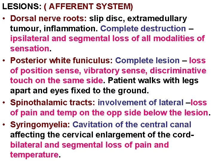 LESIONS: ( AFFERENT SYSTEM) • Dorsal nerve roots: slip disc, extramedullary tumour, inflammation. Complete