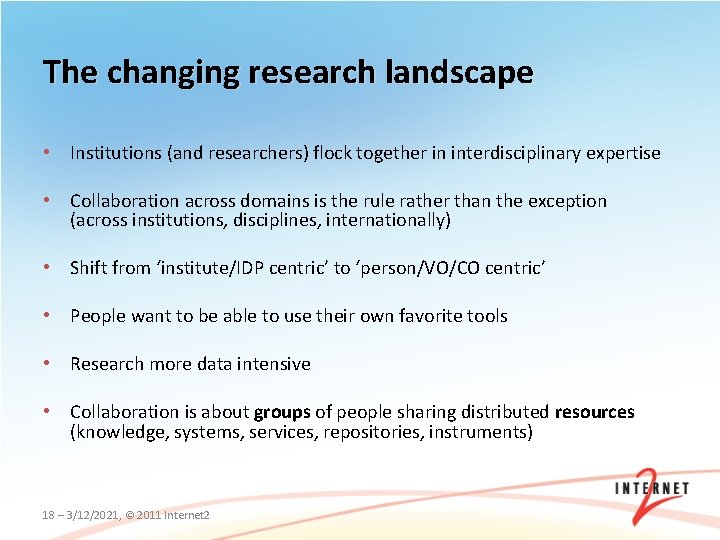 The changing research landscape • Institutions (and researchers) flock together in interdisciplinary expertise •