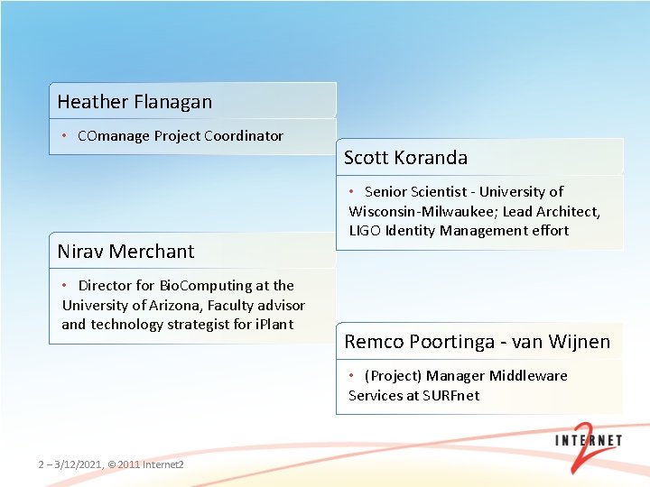 Heather Flanagan • COmanage Project Coordinator Nirav Merchant • Director for Bio. Computing at