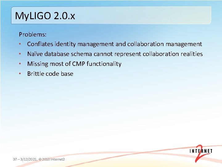 My. LIGO 2. 0. x Problems: • Conflates identity management and collaboration management •