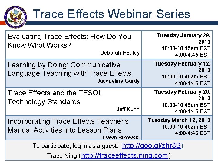 Trace Effects Webinar Series Evaluating Trace Effects: How Do You Know What Works? Deborah Trace Effects Webinar Series Evaluating Trace Effects: How Do You Know What Works? Deborah