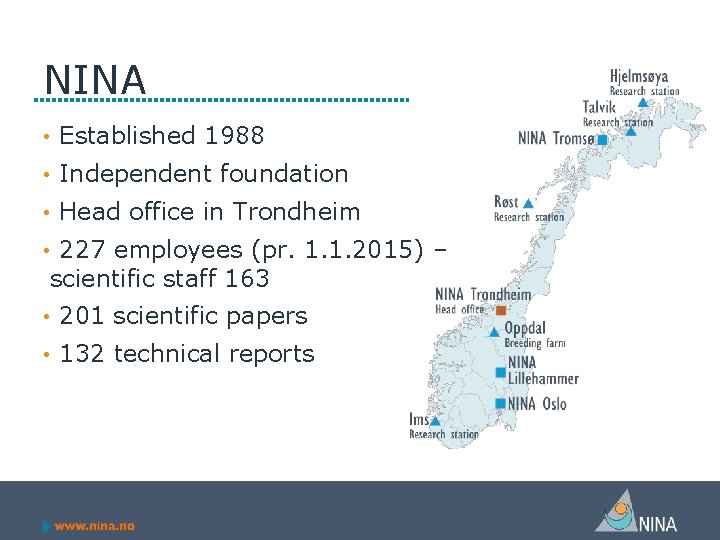 NINA • Established 1988 • Independent foundation • Head office in Trondheim • 227
