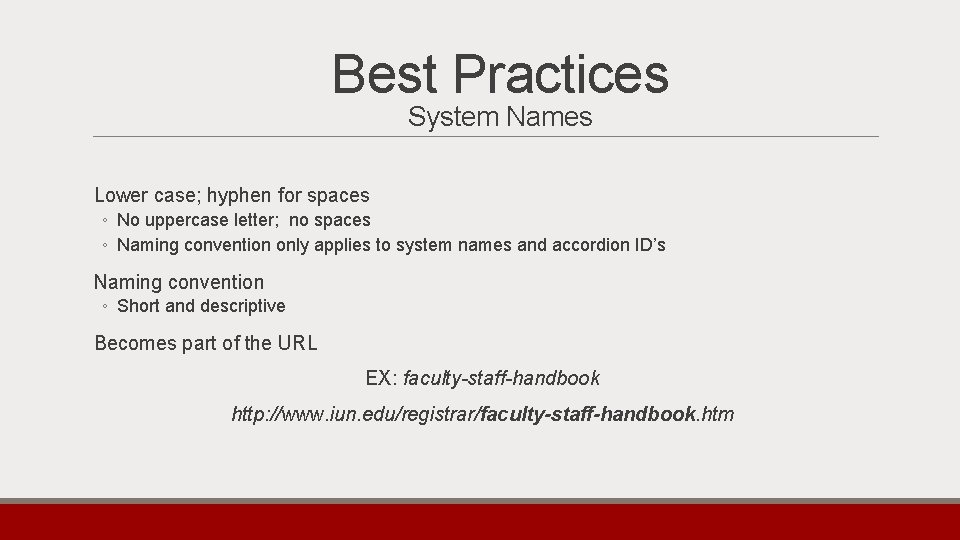 Best Practices System Names Lower case; hyphen for spaces ◦ No uppercase letter; no