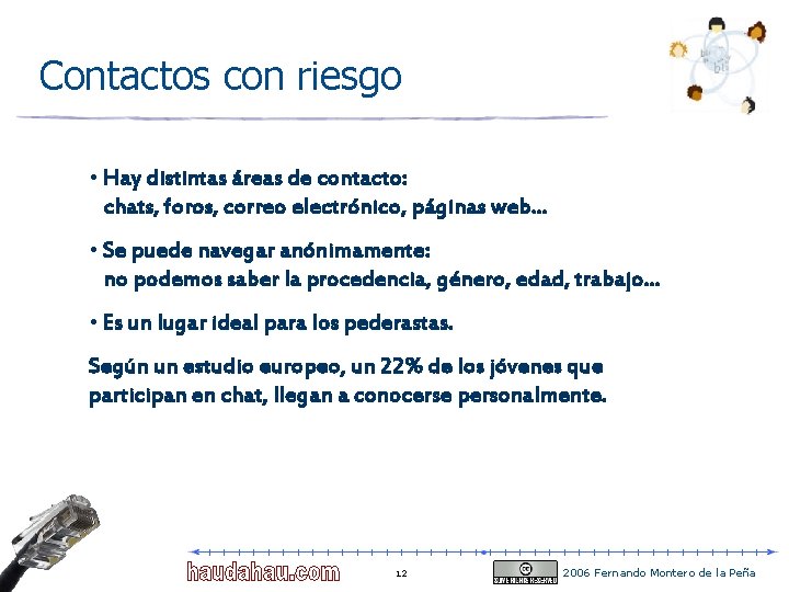 Contactos con riesgo • Hay distintas áreas de contacto: chats, foros, correo electrónico, páginas Contactos con riesgo • Hay distintas áreas de contacto: chats, foros, correo electrónico, páginas