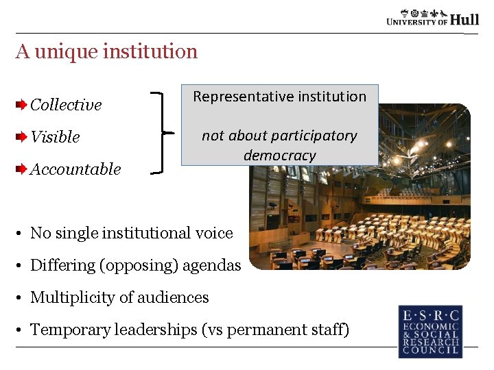A unique institution Collective Visible Accountable Representative institution not about participatory democracy • No A unique institution Collective Visible Accountable Representative institution not about participatory democracy • No