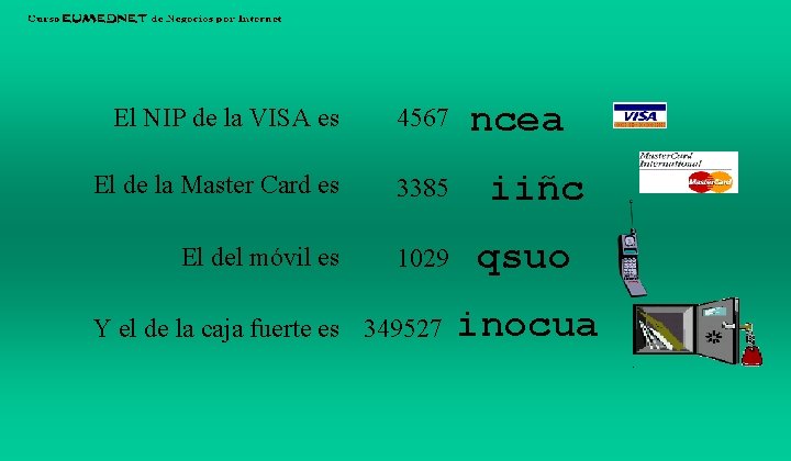 El NIP de la VISA es 4567 El de la Master Card es 3385