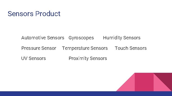 Sensors Product Automotive Sensors Gyroscopes Pressure Sensor UV Sensors Humidity Sensors Temperature Sensors Proximity
