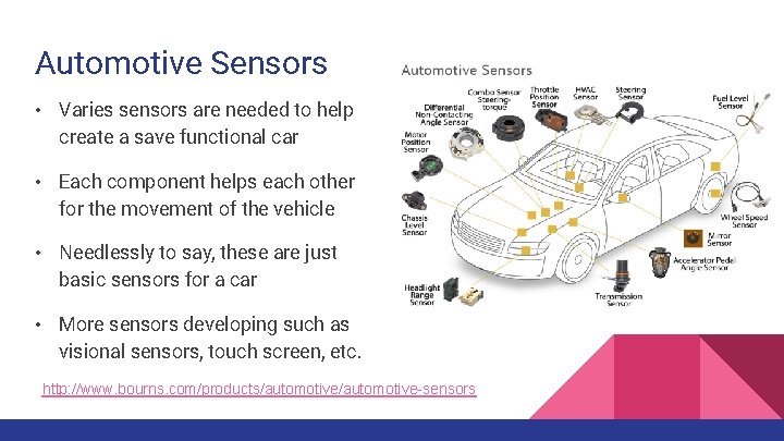 Automotive Sensors • Varies sensors are needed to help create a save functional car