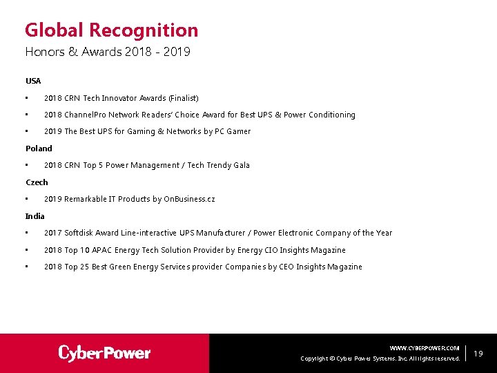 Global Recognition Honors & Awards 2018 - 2019 USA • 2018 CRN Tech Innovator