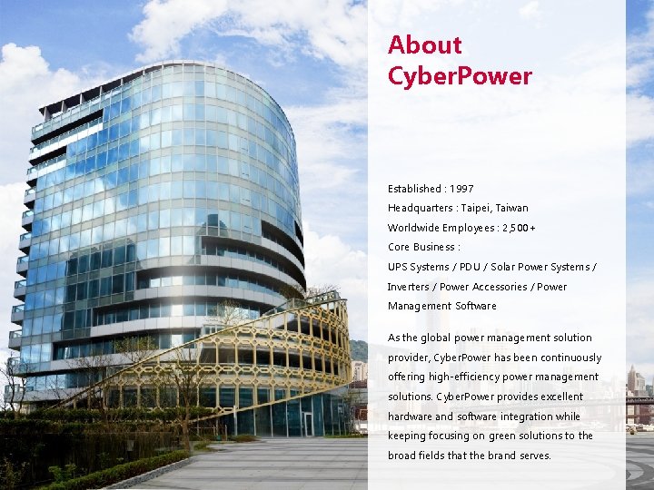 About Cyber. Power Established : 1997 Headquarters : Taipei, Taiwan Worldwide Employees : 2,