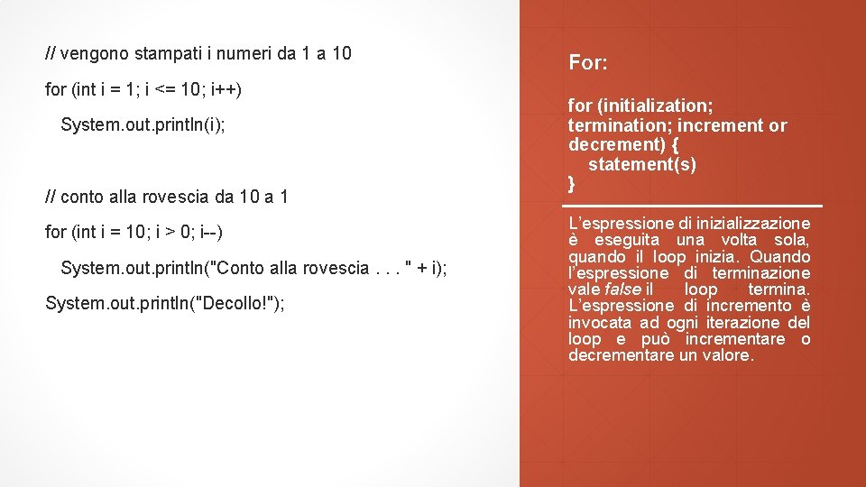 // vengono stampati i numeri da 1 a 10 for (int i = 1;