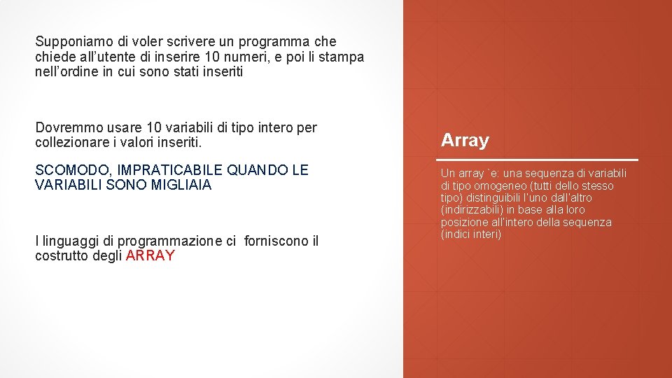 Supponiamo di voler scrivere un programma che chiede all’utente di inserire 10 numeri, e