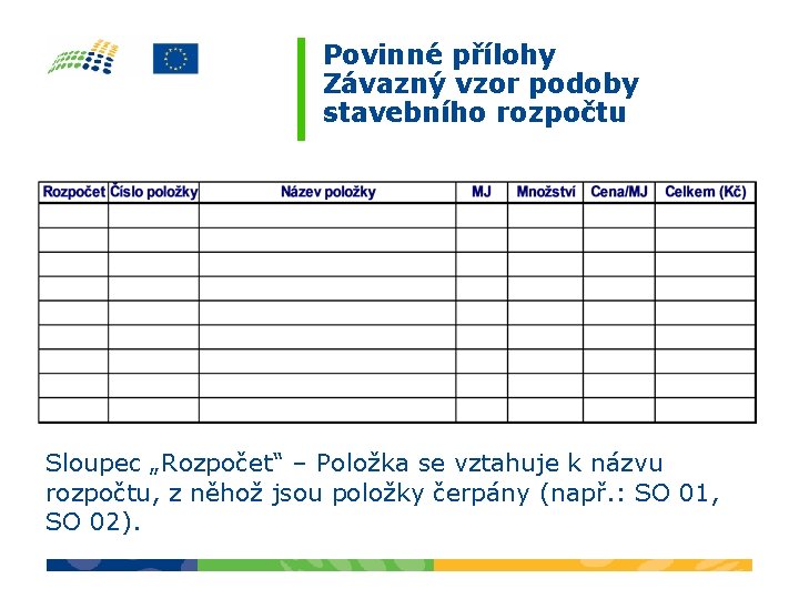 Povinné přílohy Závazný vzor podoby stavebního rozpočtu Sloupec „Rozpočet“ – Položka se vztahuje k