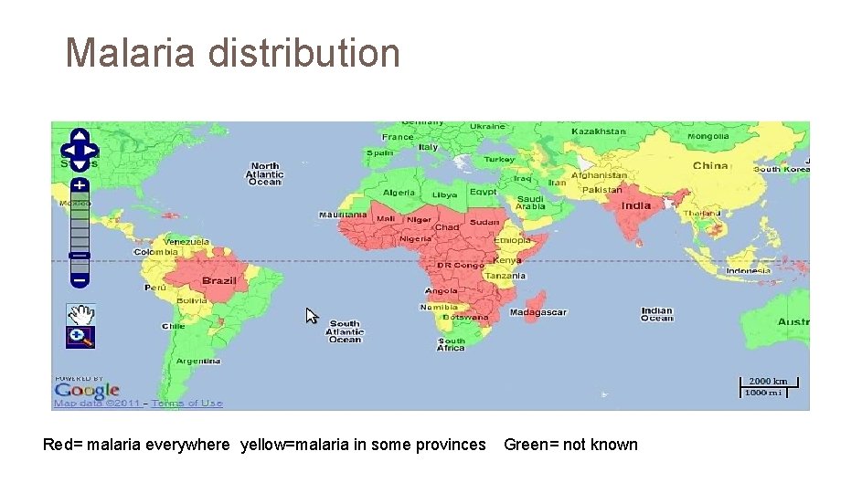 Malaria distribution Red= malaria everywhere yellow=malaria in some provinces Green= not known 