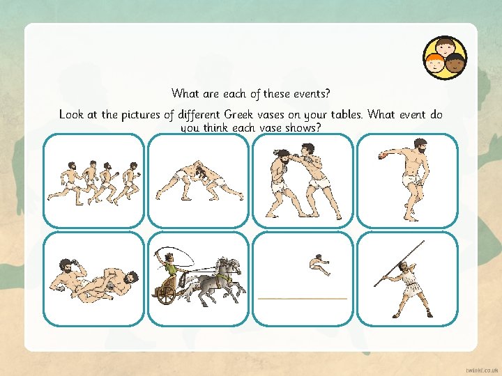 What are each of these events? Look at the pictures of different Greek vases