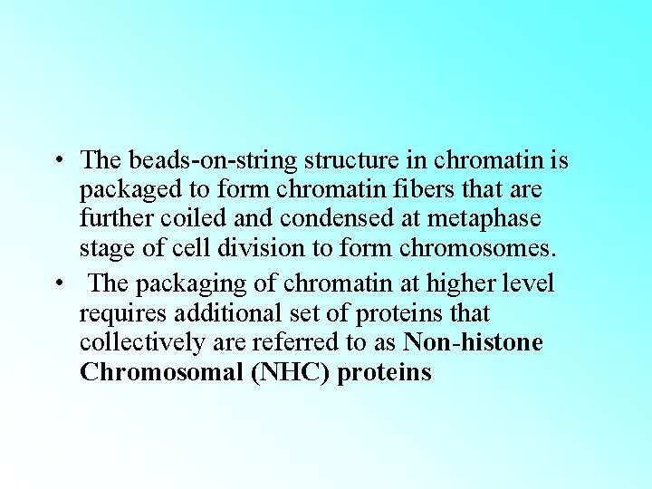 • The beads-on-string structure in chromatin is packaged to form chromatin fibers that  • The beads-on-string structure in chromatin is packaged to form chromatin fibers that