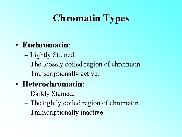 Chromatin Types • Euchromatin: – Lightly Stained. – The loosely coiled region of chromatin. Chromatin Types • Euchromatin: – Lightly Stained. – The loosely coiled region of chromatin.