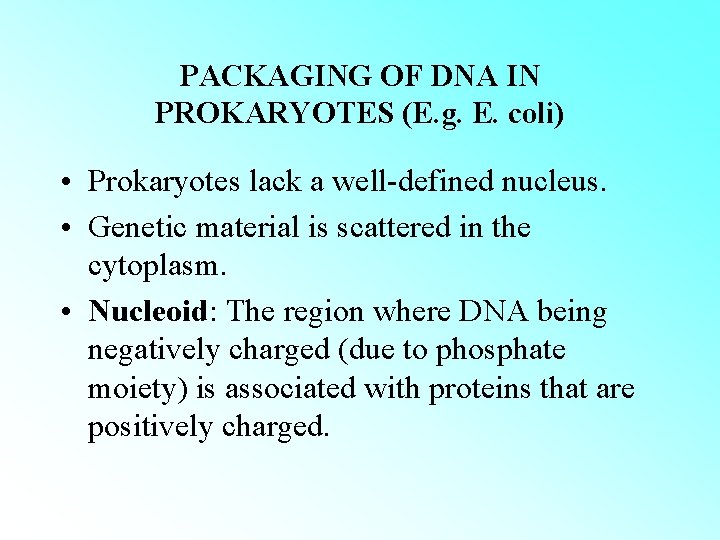 PACKAGING OF DNA IN PROKARYOTES (E. g. E. coli) • Prokaryotes lack a well-defined