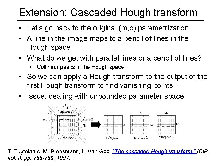 Extension: Cascaded Hough transform • Let’s go back to the original (m, b) parametrization