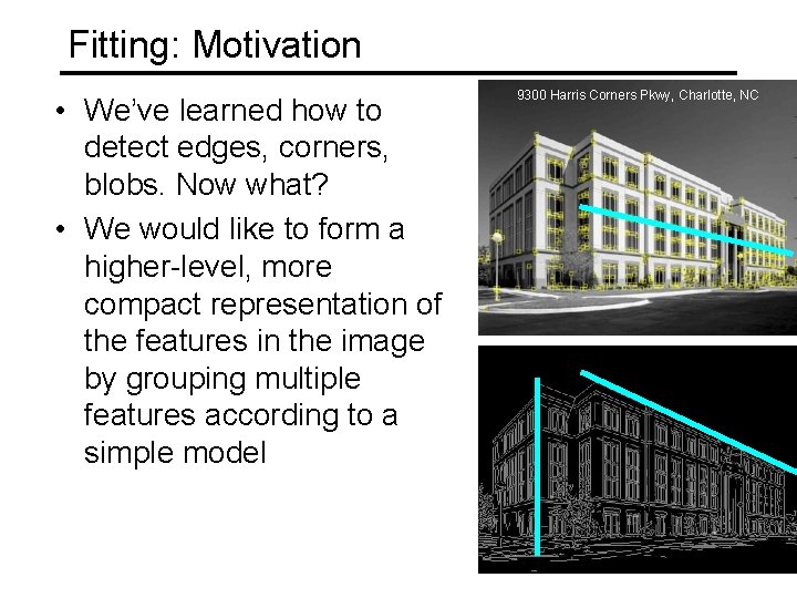 Fitting: Motivation • We’ve learned how to detect edges, corners, blobs. Now what? •
