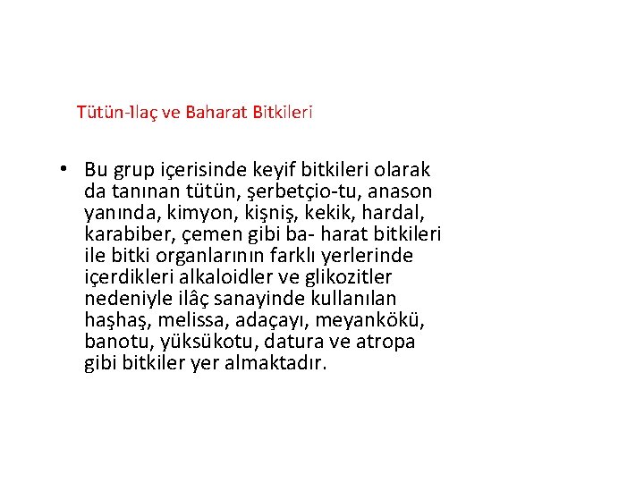 Tütün-I laç ve Baharat Bitkileri • Bu grup içerisinde keyif bitkileri olarak da tanınan