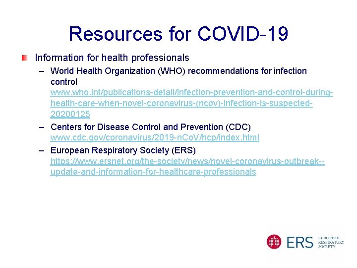 Resources for COVID-19 Information for health professionals – World Health Organization (WHO) recommendations for