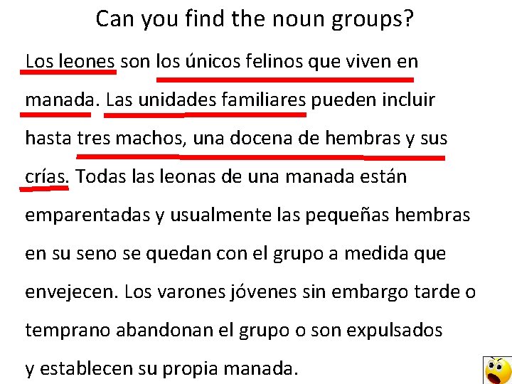 Can you find the noun groups? Los leones son los únicos felinos que viven