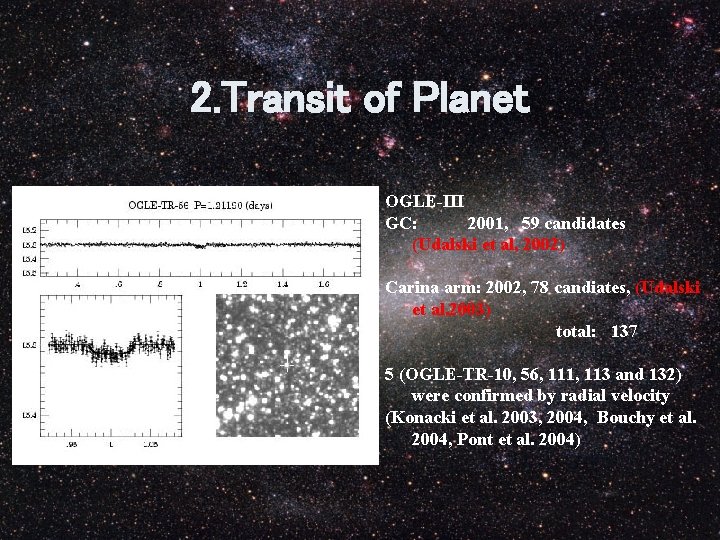 2. Transit of Planet OGLE-III GC: 2001, 59 candidates (Udalski et al, 2002) Carina