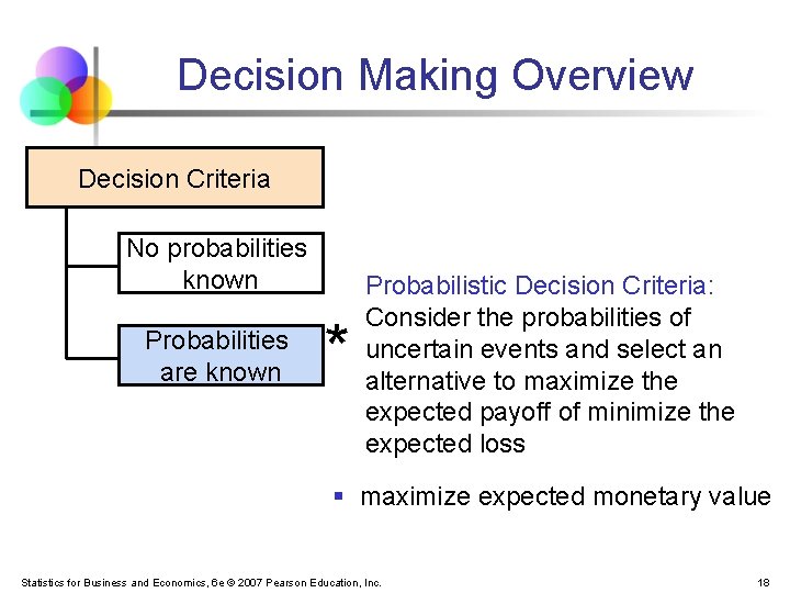 Decision Making Overview Decision Criteria No probabilities known Probabilities are known * Probabilistic Decision Decision Making Overview Decision Criteria No probabilities known Probabilities are known * Probabilistic Decision
