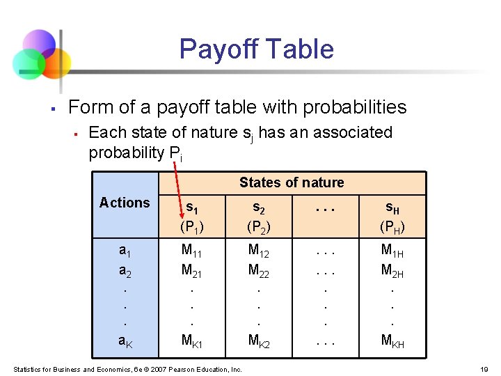 Payoff Table § Form of a payoff table with probabilities § Each state of Payoff Table § Form of a payoff table with probabilities § Each state of