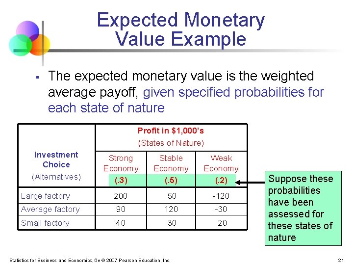 Expected Monetary Value Example § The expected monetary value is the weighted average payoff, Expected Monetary Value Example § The expected monetary value is the weighted average payoff,