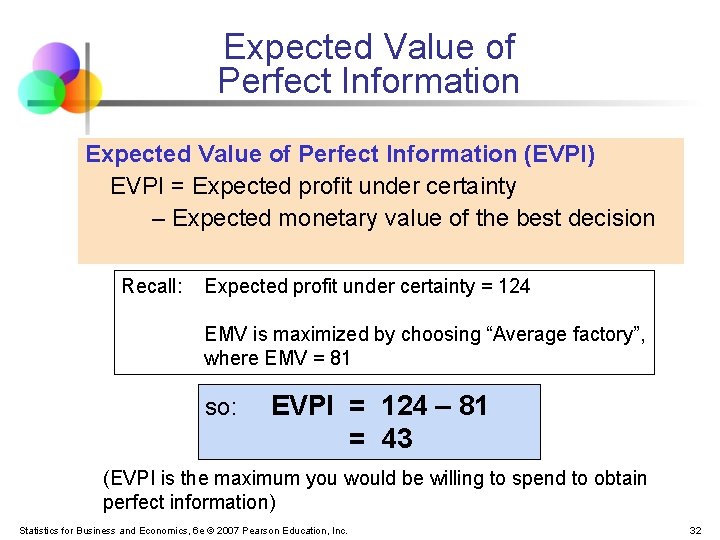 Expected Value of Perfect Information (EVPI) EVPI = Expected profit under certainty – Expected Expected Value of Perfect Information (EVPI) EVPI = Expected profit under certainty – Expected