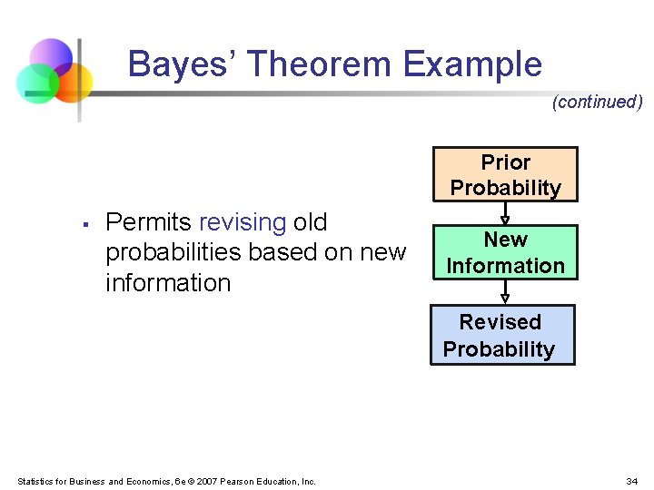 Bayes’ Theorem Example (continued) Prior Probability § Permits revising old probabilities based on new Bayes’ Theorem Example (continued) Prior Probability § Permits revising old probabilities based on new